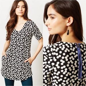 ANTHROPOLOGIE Deletta Polka Dot Cotton Blend Tunic Ruched Sleeve Black White S